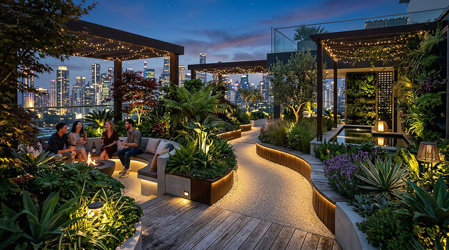 rooftop garden with cityscape at dusk.