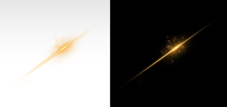 light line, glow, shine, abstract gold effect, gold highlights and bokeh on a black background, golden star, bright horizontal rays. PNG