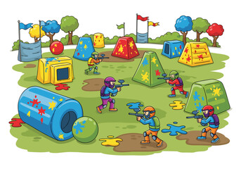 Obraz premium Cartoon paintball players in protective gear aiming their markers on a grassy field