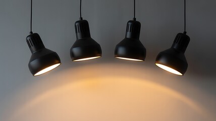 Obraz premium Four black industrial pendant lights hanging from ceiling casting warm light downwards creating a bright illuminated area