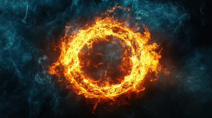 Fototapeta premium Intense circular ring of blazing orange fire engulfed in dark blue smoke creates a dramatic and powerful abstract energy visual effect background element.
