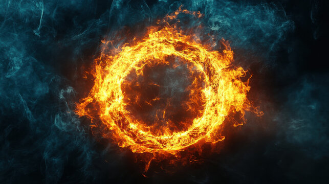 Intense circular ring of blazing orange fire engulfed in dark blue smoke creates a dramatic and powerful abstract energy visual effect background element.