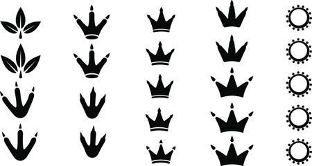 Princess crown and leaf silhouettes vector set, royal tiara icons and decorative floral elements black silhouette collection design © Candek