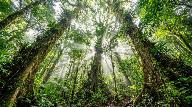 Upward view of massive trees and green canopy in tropical rainforest