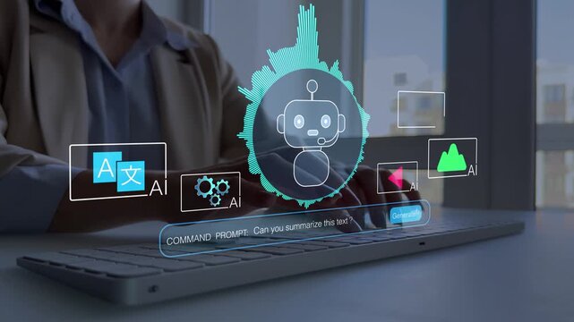 AI assistant voice chat interface. Digital communication, speech recognition, and smart technology enabling natural conversation.Woman interacting through microphone with AI Agent voice chat. 