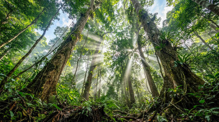 Fototapeta premium Upward view of massive trees and green canopy in tropical rainforest