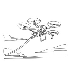 A futuristic drone flying over a serene landscape with a person on a surfboard