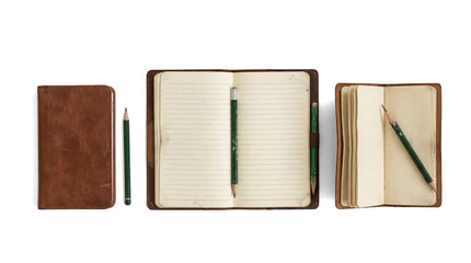 collection of vintage leather notebooks and pencils arranged neatly on a transparent background,...