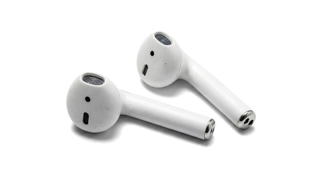 two white wireless earbuds lying on a black surface, captured in a clean studio shot emphasizing their design and technology.
