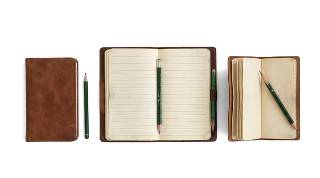 collection of vintage leather notebooks and pencils arranged neatly on a transparent background, top down view, rustic and artisanal style.