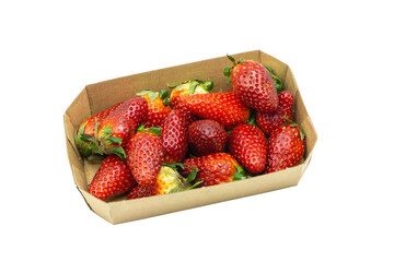 fresh red strawberries in cardboard punnet isolated on white background for food design