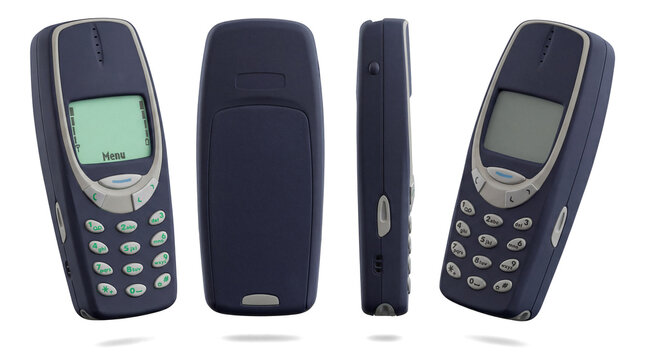 retro navy blue nokia 3310 mobile phone shown from the front with menu on screen, side, and back views, isolated on a transparent background, studio lighting.