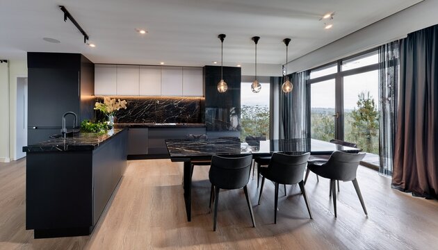 a modern kitchen and dining area features elegant black marble countertops and dark wood flooring