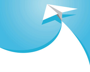 White paper airplane flying upward with blue curved swoosh trail on light blue background, business startup launch concept with large copy space © Kay
