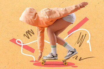 Young woman in hoodie and with skateboard on orange background