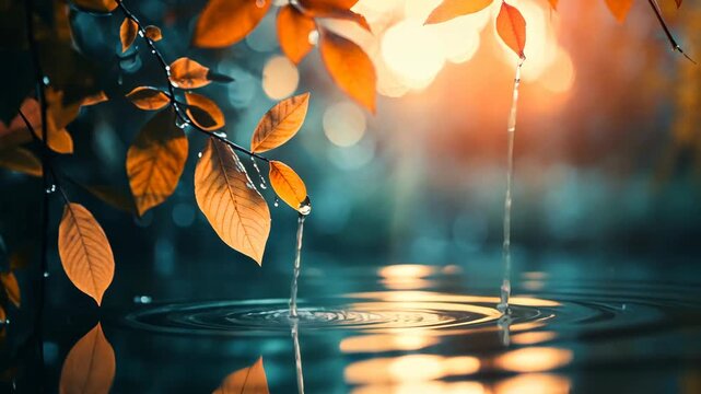 Autumn leaves with water droplets and ripples, creating a peaceful, reflective scene