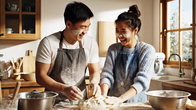Happy young Asian couple baking together in a sunlit kitchen. Man and woman laughing while kneading dough with flour on their faces. Domestic lifestyle and relationship concept