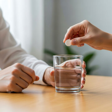 Hand dropping white tablet into glass of water close up. Concept of medication health care treatment dosage hydration prevention