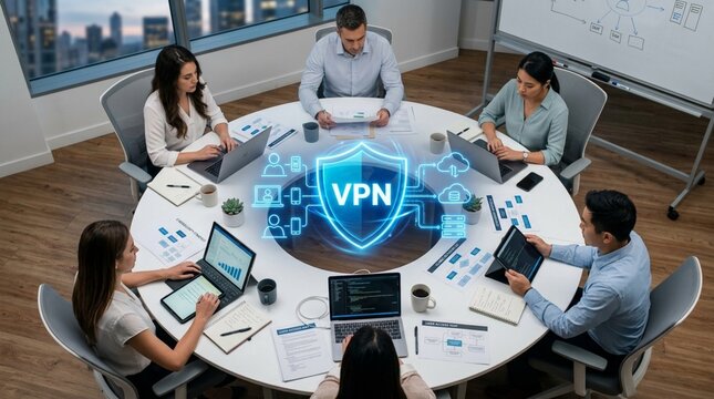 Cybersecurity Meeting: A modern business team collaborates around a table, analyzing the latest data and security measures. A glowing shield emblazoned with VPN symbolizes secure digital workspace.
