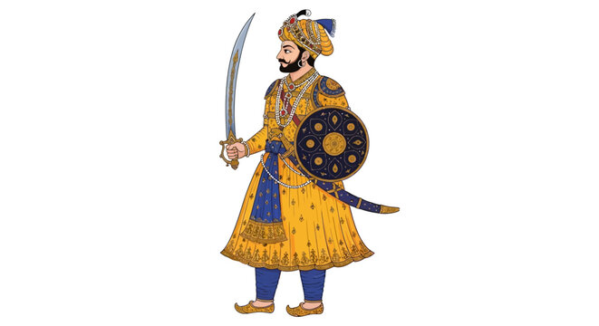 Indian Maharaja warrior in traditional royal clothing with sword and shield vector illustration