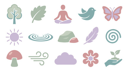 Obraz premium A collection of fifteen serene, flat design icons for nature, meditation, and wellness, featuring elements like trees, birds, and yoga poses on a white background.