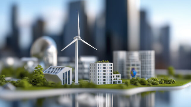 Sustainable city model featuring wind turbine, modern buildings, and greenery, showcasing eco friendly architecture and urban