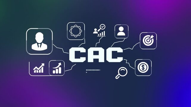 Analytical 3D CAC customer acquisition cost marketing concept with floating user and finance icons on a digital platform.
