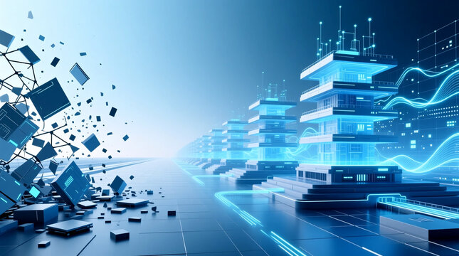 Dynamic abstract visualization of Digital Transformation Business abstract depicting the evolution from fragmented data systems to advanced architectural networks in futuristic conceptual environment