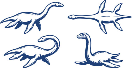 Obraz premium Plesiosaurus Prehistoric Marine Reptile Dinosaur Set Vector Illustration.