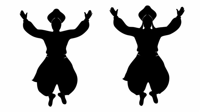 Two traditional bhangra dancers jumping in mid air arms raised in dynamic dance pose silhouette against white background