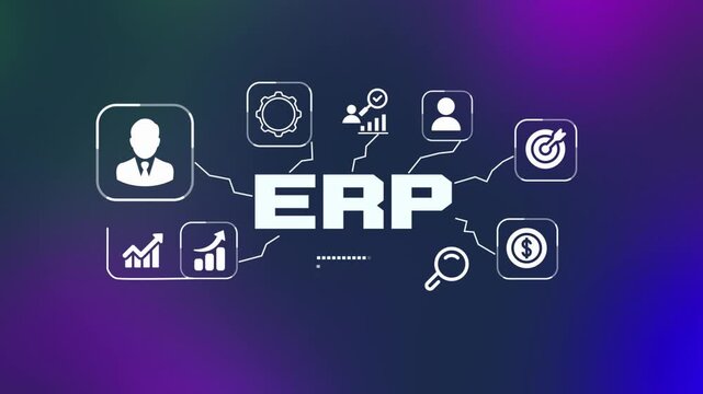 Advanced 3D ERP enterprise resource planning software concept with integrated business icons for management and process automation.