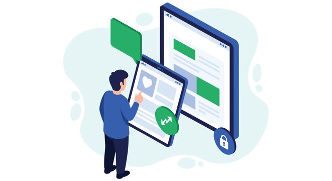 An isometric vector illustration of a user interacting with a social media application on a tablet, with data syncing to a larger screen and security icons nearby.