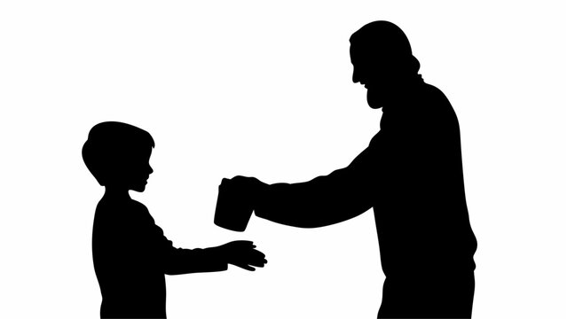 Muslim man giving eidi money to a young child in silhouette celebrating eid al fitr or eid al adha tradition