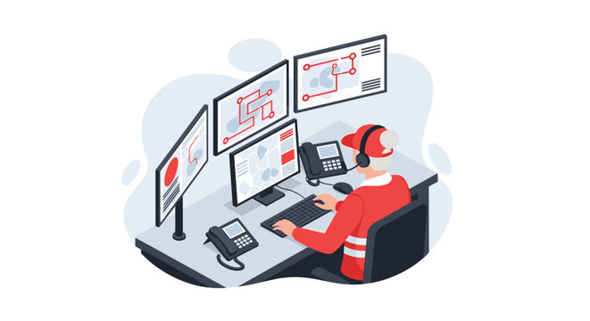 A dispatch operator wearing a Santa hat works at a control center with multiple monitors and telephones in a festive isometric vector illustration.