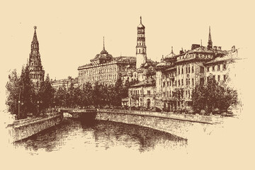 Naklejka premium Grand Kremlin Palace, Russia illustration in a vintage style. This vector illustration can be used in any size you like for advertising, logos, and other work.