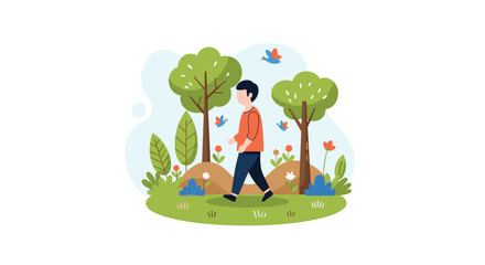 A young man enjoys a peaceful walk through a beautiful green park with lush trees, colorful flowers, and fluttering butterflies in a clean vector illustration.