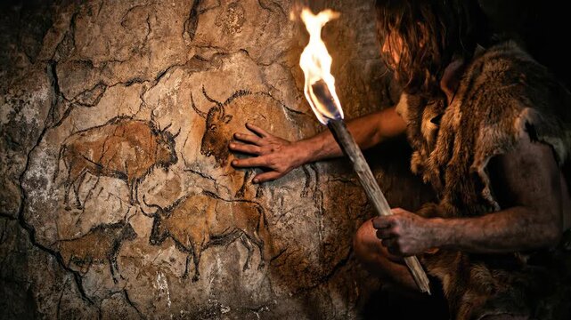 Prehistoric caveman with a torch discovers ancient rock art. A primitive human looking at bison paintings on a cave wall. Anthropology and history concept