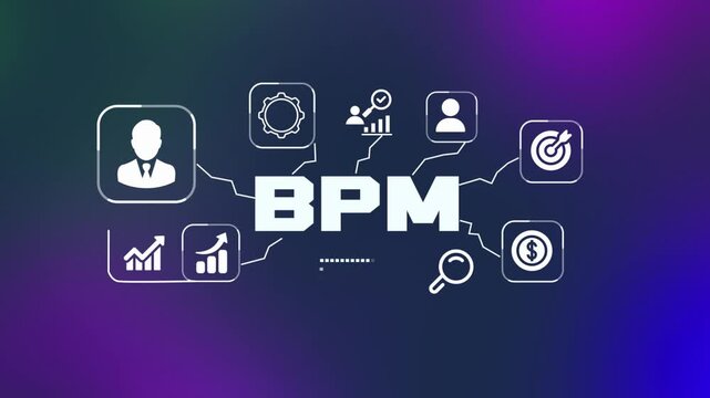 BPM business process management automation concept with digital workflow dashboard, enterprise performance analytics and technology interface.