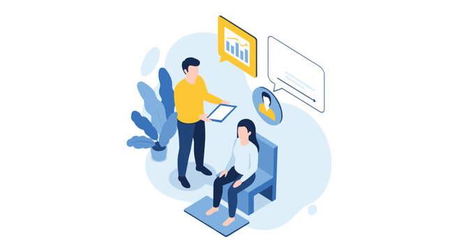 An isometric vector illustration of a man in a yellow sweater presenting data from a tablet to a seated woman, surrounded by floating user interface icons like charts and profiles.