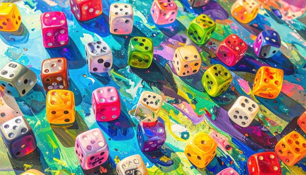 Assortment of novelty dice shaped like skulls or animals scattered randomly across a vibrant, abstract artistic surface.
