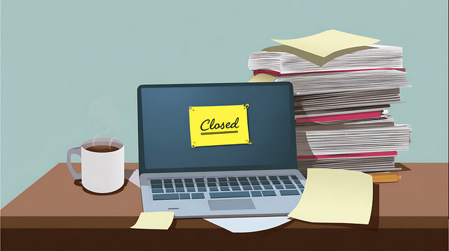 Illustration of a computer setup with a laptop displaying a 'Closed' note, coffee mug, and stack of documents on a desk, depicting end of work