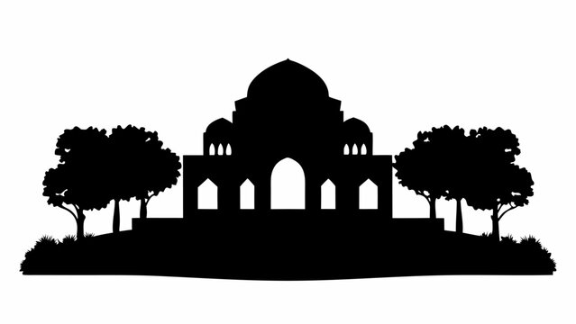Bah' temple style structure with garden silhouette architectural landmark with trees