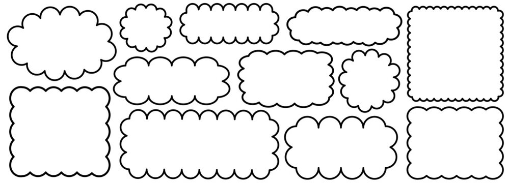Fluffy line rectangle and wavy paper cloud with frame bubble shape. Cute graphic set and speech white summer with balloon abstract label. Sun fluffy background and round wavy card with fun.