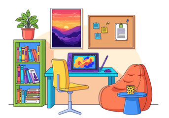 Cozy home office setup with digital art tablet, bookshelf, and bean bag chair