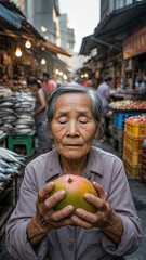 Fototapeta premium Elderly Asian woman holding ripe mango in bustling market with fresh produce and fish stalls