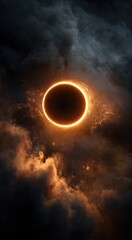 Obraz premium A black hole with a fiery orange disk in a dark cosmic fog. Real photo.