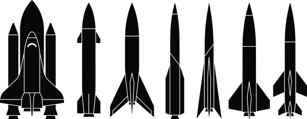 Collection of space rocket silhouettes featuring shuttle launch vehicles missiles and futuristic spacecraft icons for aerospace science exploration and aviation technology design © Mou