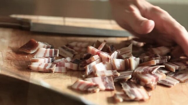 Start the day with traditional breakfast. Pork meat cut into dices then fry it. Suitable for home cooking content, recipe videos and cooking skills.