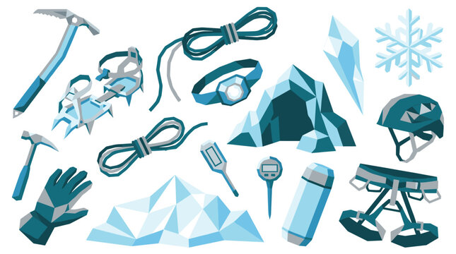 A comprehensive set of flat vector icons showcasing essential ice climbing and mountaineering gear, including an ice axe, crampons, ropes, a helmet, and a headlamp in a cool blue color palette.