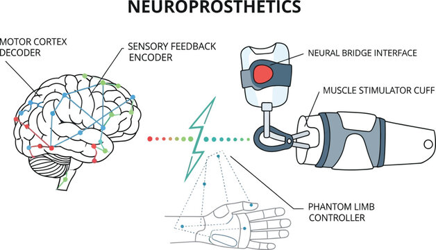 Diagram outlines the neuroprosthetics system connecting a motor cortex decoder in the human brain to a prosthetic limb via a neural bridge interface.